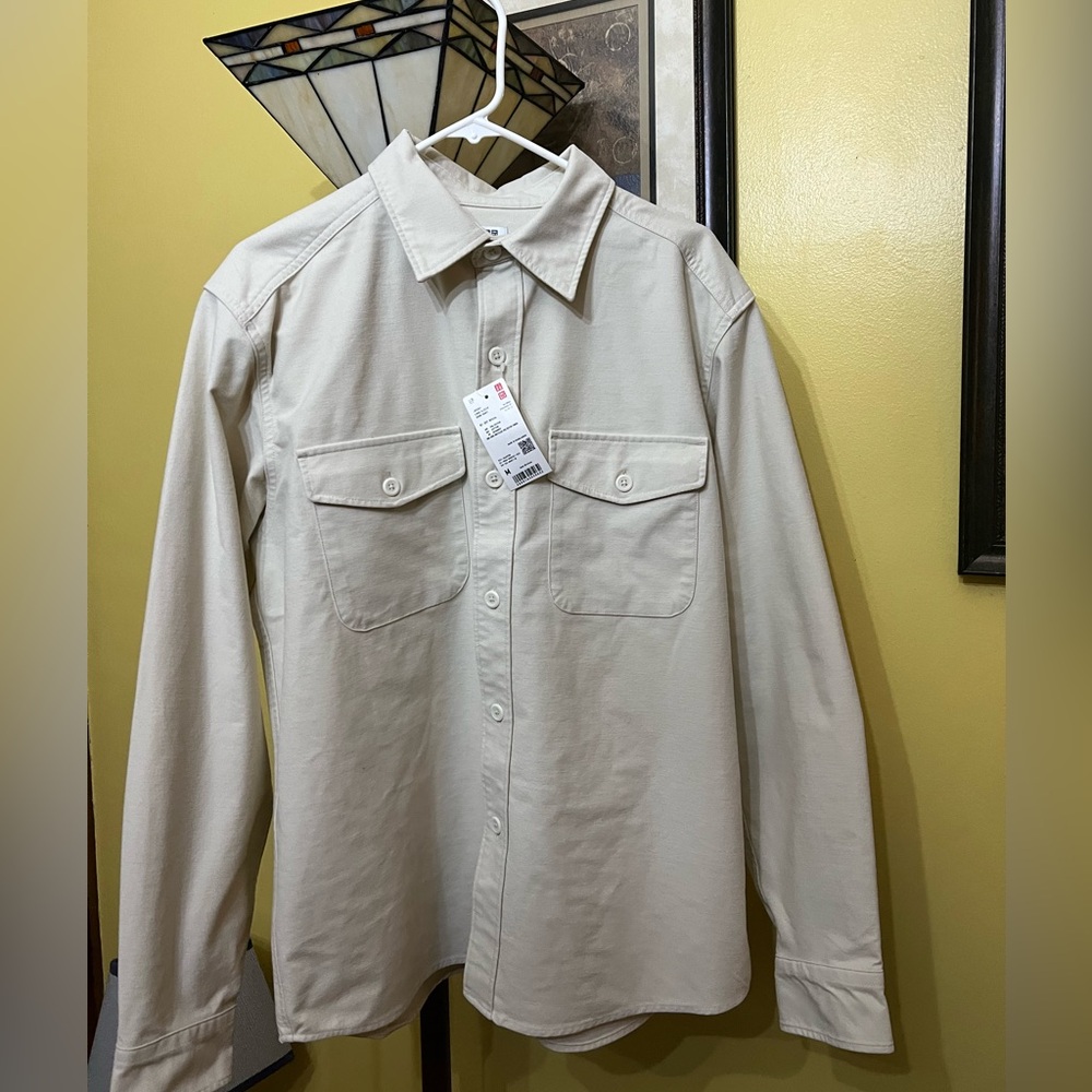Uniqlo Men’s Off White Button Up Jersey Long Sleeve Over Shirt (M)